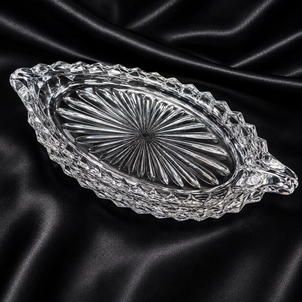 Vintage Fostoria American Pattern 12 Inch Handled Oval Relish Celery Dish Cubist